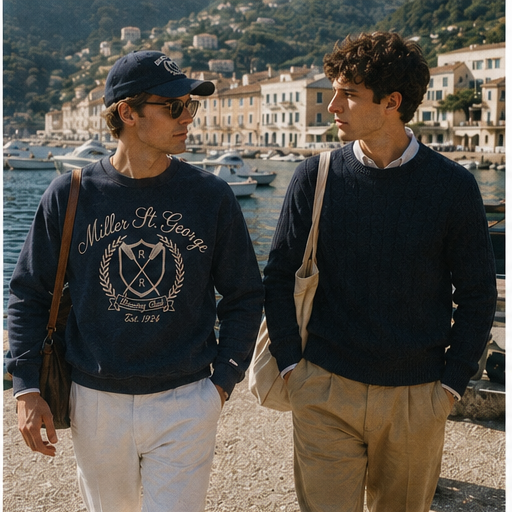 Two men in Miller St. George rowing crewnecks on a Ligurian harbour